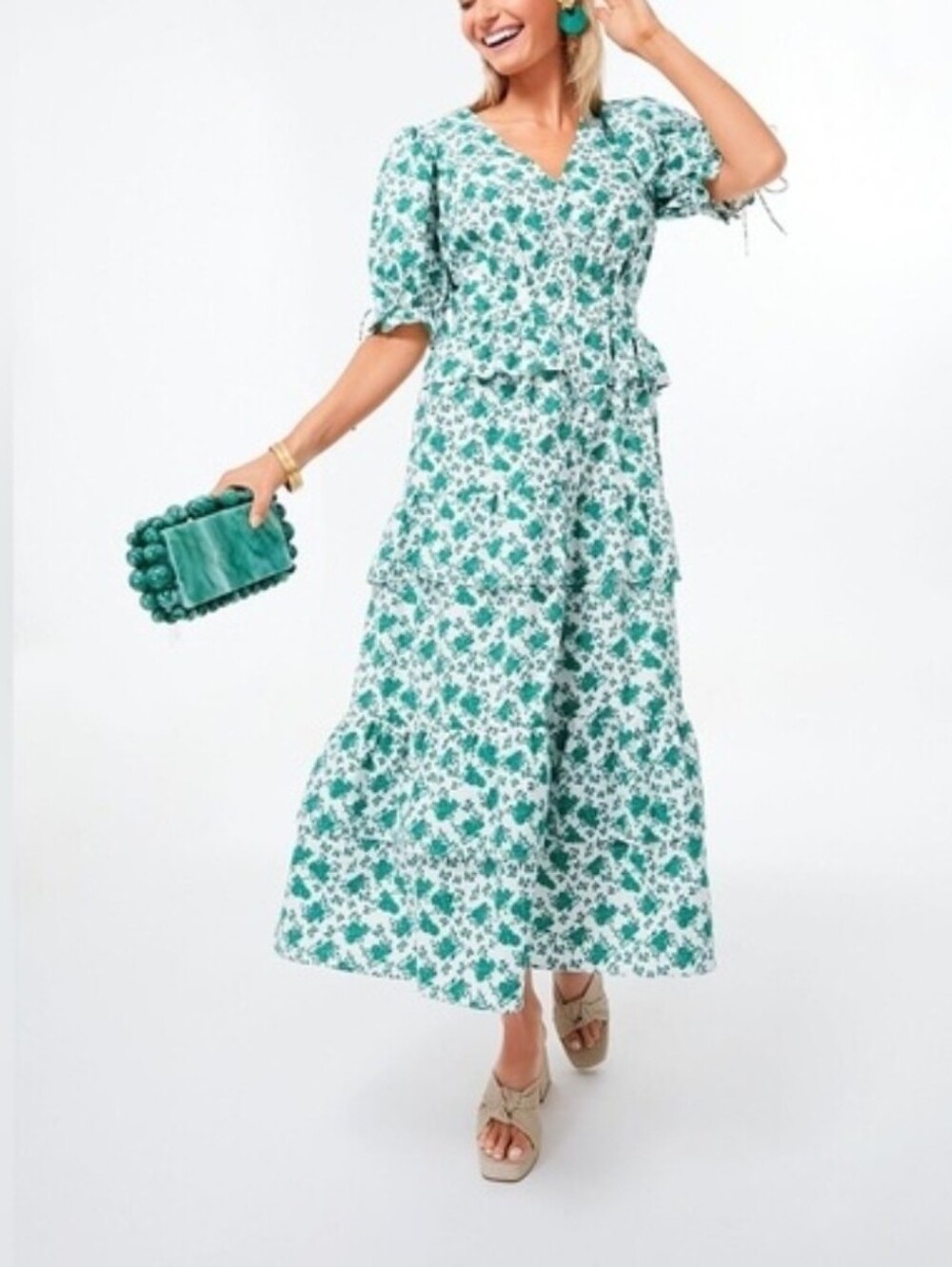Tuckernuck Hyacinth House Irenea Midi Dress Kelly green white floral Size Small